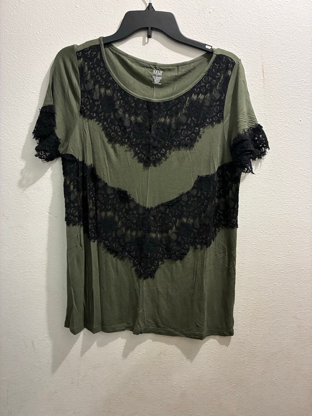 a.n.a Olive Green Short boho/coquette
Sleeve Top with Black Lace Detail Size L
